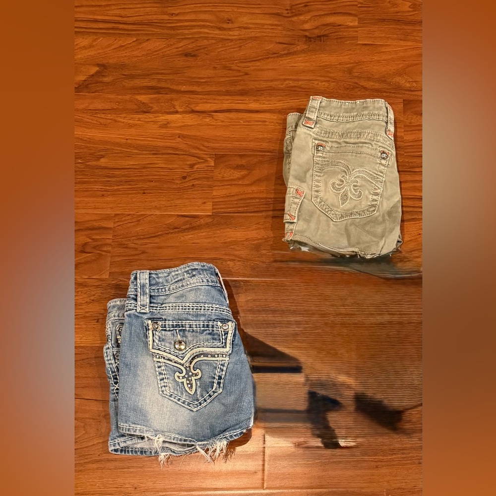 Rock Revival Blue and Gray Jean Shorts Distressed Style